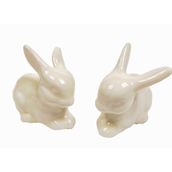 Pair Vintage Small White Porcelain Rabbit Figurines Decor 2.5 in Set of 2 - Picture 1 of 5